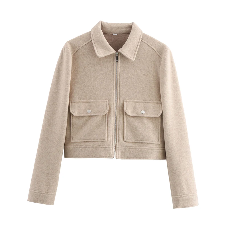 Damen kurze Boxy-Wolljacke mit durchgehendem Reißverschluss und aufgesetzten Pattentaschen Nord Taschen
