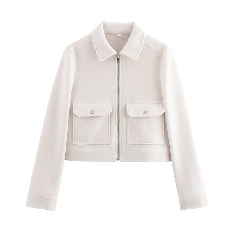 Damen kurze Boxy-Wolljacke mit durchgehendem Reißverschluss und aufgesetzten Pattentaschen Nord Taschen