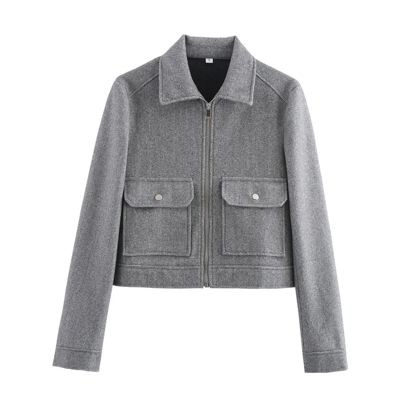Damen kurze Boxy-Wolljacke mit durchgehendem Reißverschluss und aufgesetzten Pattentaschen Nord Taschen