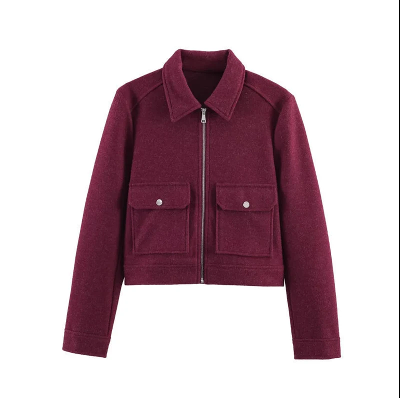 Damen kurze Boxy-Wolljacke mit durchgehendem Reißverschluss und aufgesetzten Pattentaschen Nord Taschen