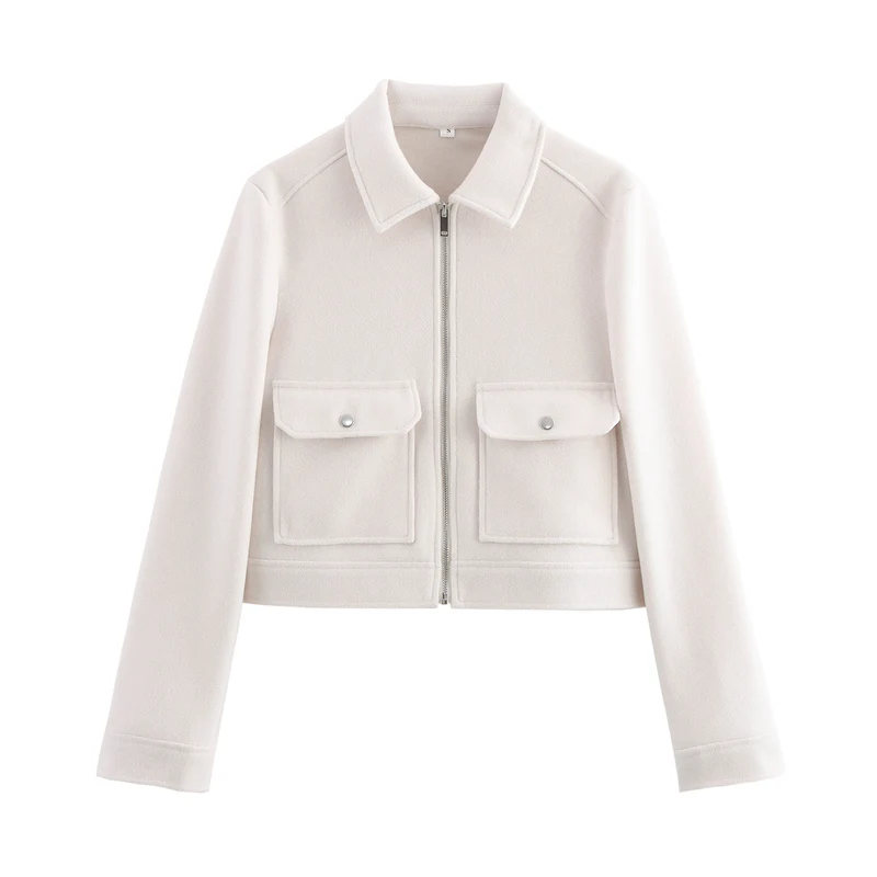 Damen kurze Boxy-Wolljacke mit durchgehendem Reißverschluss und aufgesetzten Pattentaschen Nord Taschen