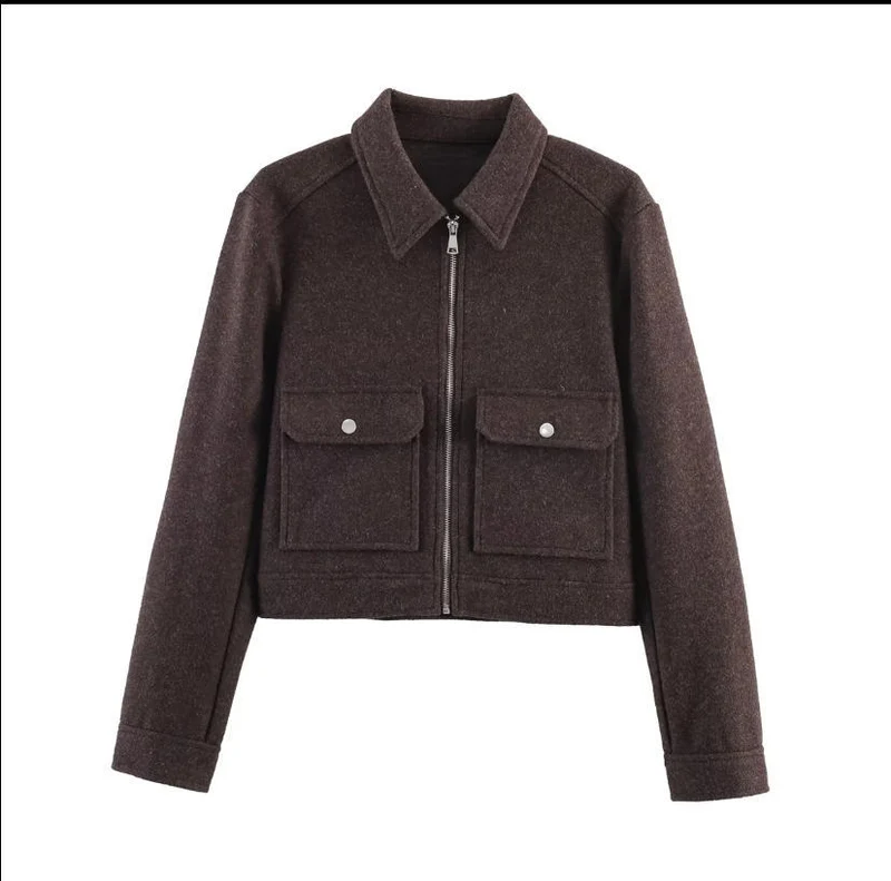 Damen kurze Boxy-Wolljacke mit durchgehendem Reißverschluss und aufgesetzten Pattentaschen Nord Taschen