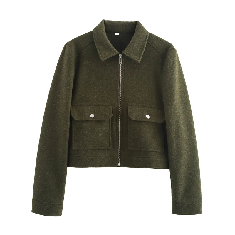 Damen kurze Boxy-Wolljacke mit durchgehendem Reißverschluss und aufgesetzten Pattentaschen Nord Taschen