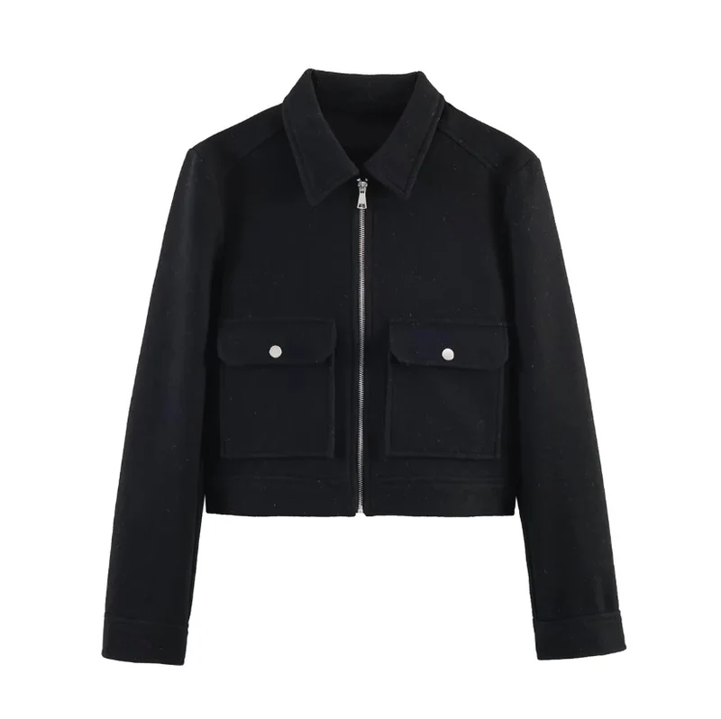Damen kurze Boxy-Wolljacke mit durchgehendem Reißverschluss und aufgesetzten Pattentaschen Nord Taschen