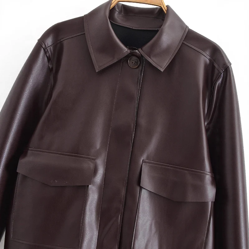 Damen Kurze Boxy-Lederoptikjacke mit Pattentaschen und Hemdkragen Nord Taschen