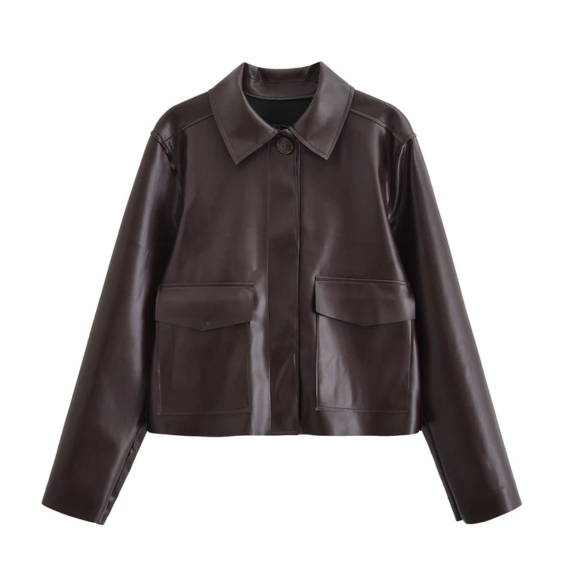 Damen Kurze Boxy-Lederoptikjacke mit Pattentaschen und Hemdkragen Nord Taschen