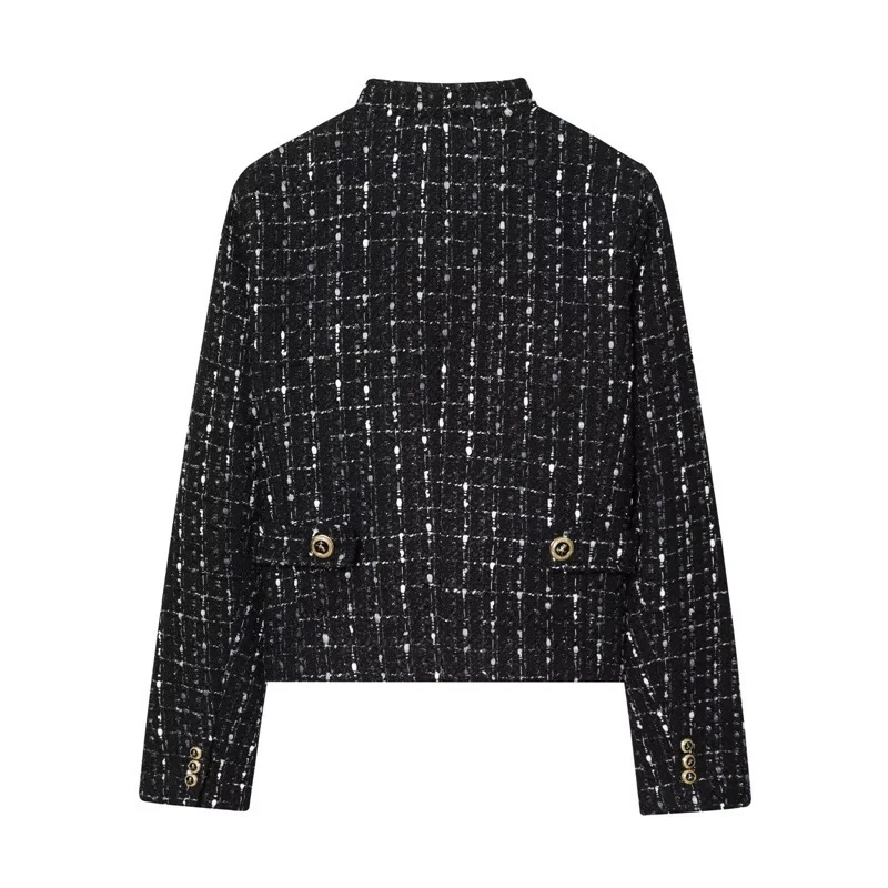 Damen kurze Bouclé‑Tweed‑Jacke mit Stehkragen, Zierknöpfen und Pattentaschen Nord Taschen