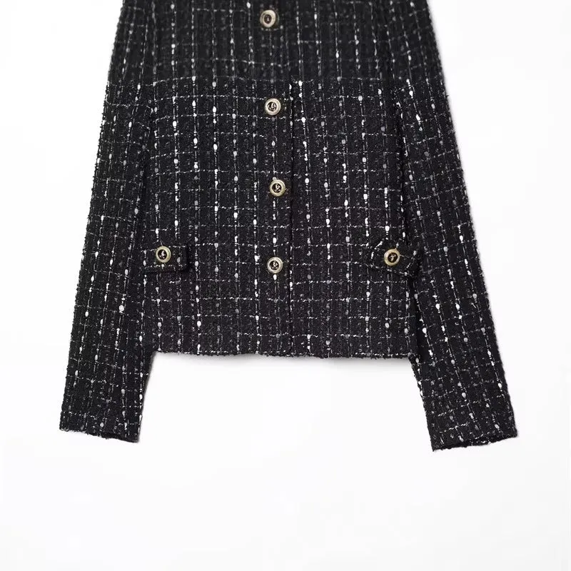 Damen kurze Bouclé‑Tweed‑Jacke mit Stehkragen, Zierknöpfen und Pattentaschen Nord Taschen