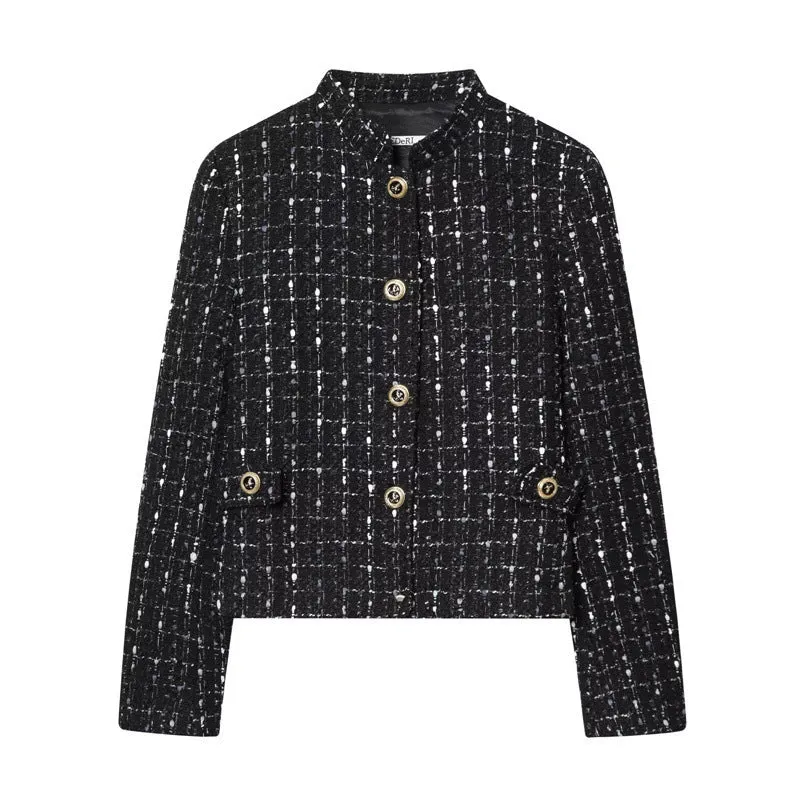 Damen kurze Bouclé‑Tweed‑Jacke mit Stehkragen, Zierknöpfen und Pattentaschen Nord Taschen