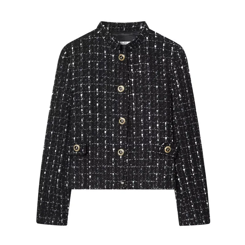 Damen kurze Bouclé‑Tweed‑Jacke mit Stehkragen, Zierknöpfen und Pattentaschen Nord Taschen