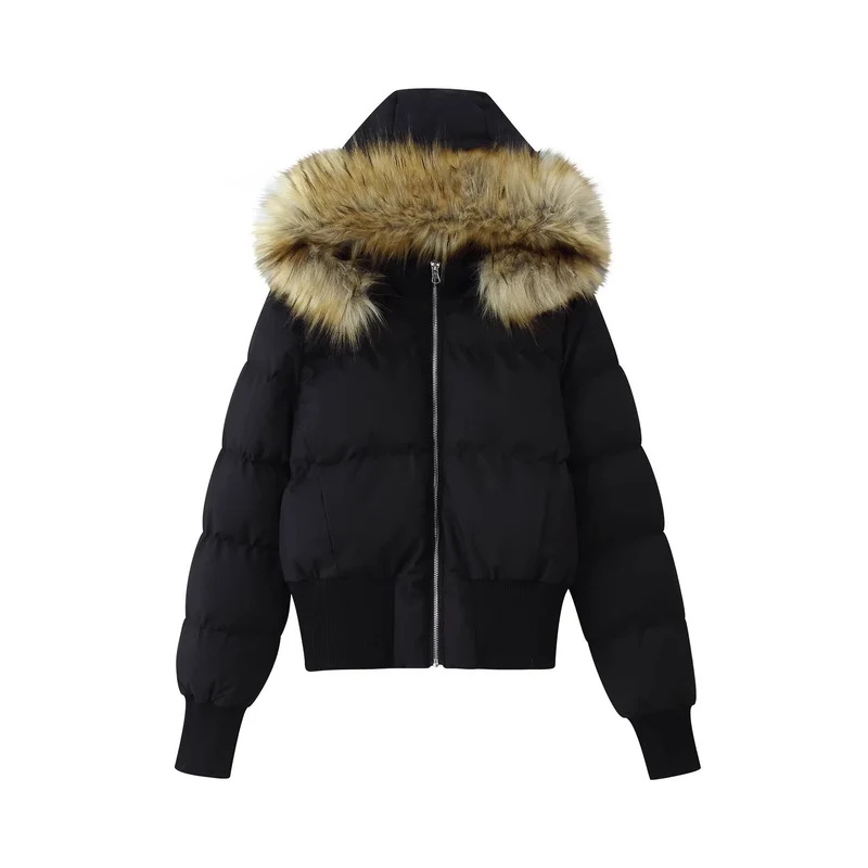 Damen Gepolsterte Cropped-Bomberjacke mit Kapuze und abnehmbarem Kunstpelzbesatz Nord Taschen