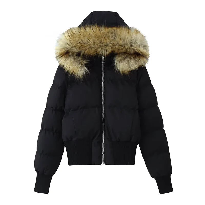 Damen Gepolsterte Cropped-Bomberjacke mit Kapuze und abnehmbarem Kunstpelzbesatz Nord Taschen