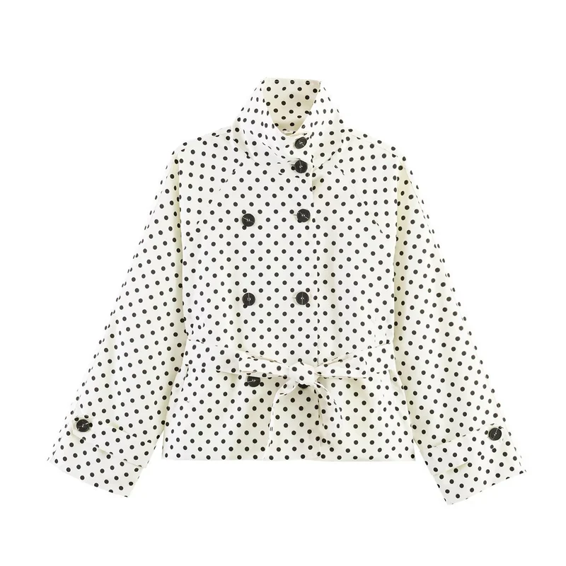 Damen Gekürzter gepunkteter Trenchcoat mit Stehkragen, Taillengürtel und Doppelknopfleiste Nord Taschen