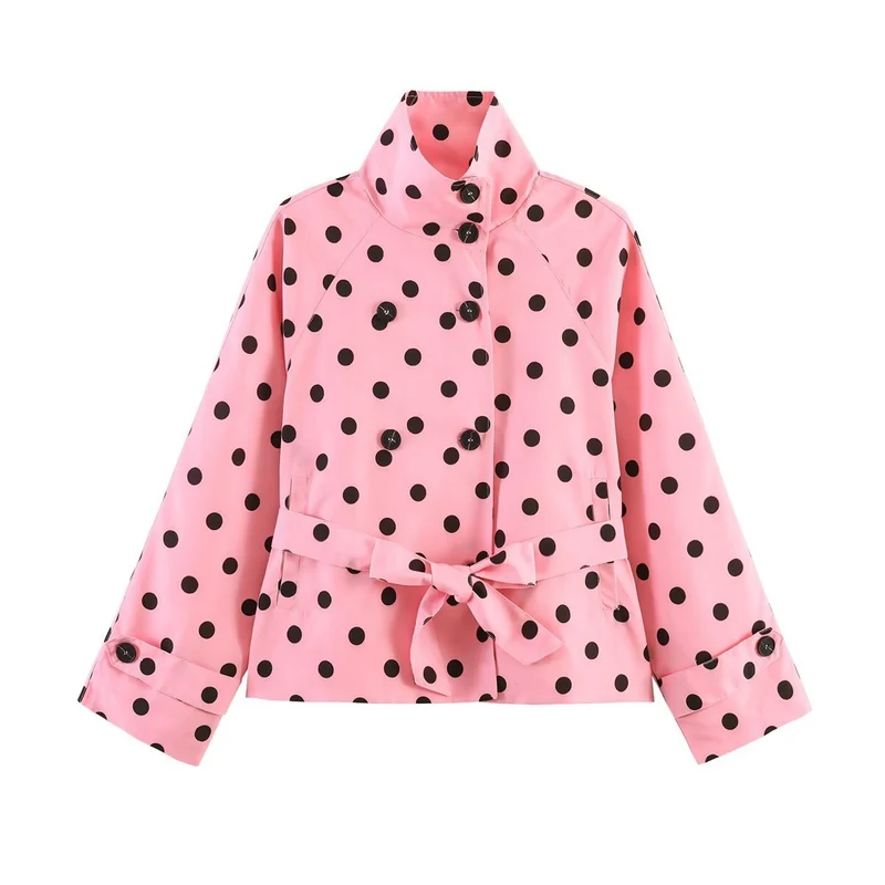 Damen Gekürzter gepunkteter Trenchcoat mit Stehkragen, Taillengürtel und Doppelknopfleiste Nord Taschen
