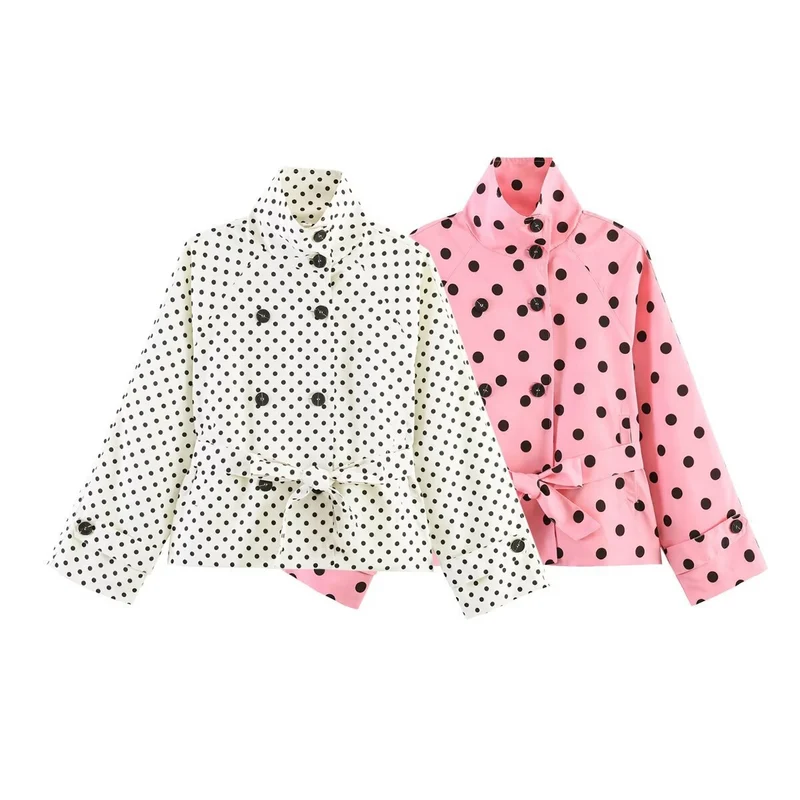 Damen Gekürzter gepunkteter Trenchcoat mit Stehkragen, Taillengürtel und Doppelknopfleiste Nord Taschen