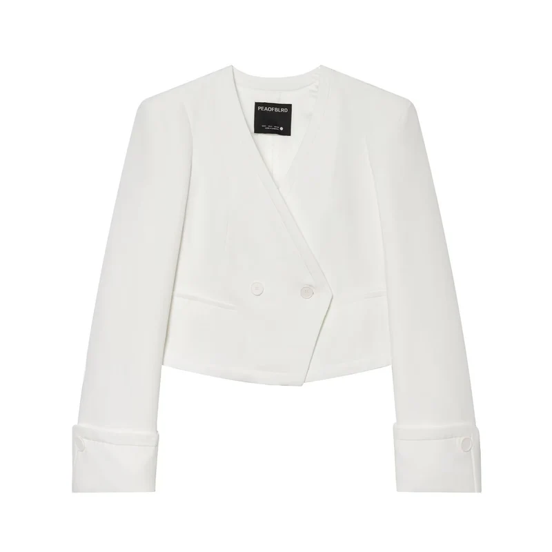 Damen gekürzter doppeltreihiger Blazer mit V‑Ausschnitt und Umschlagärmeln Nord Taschen