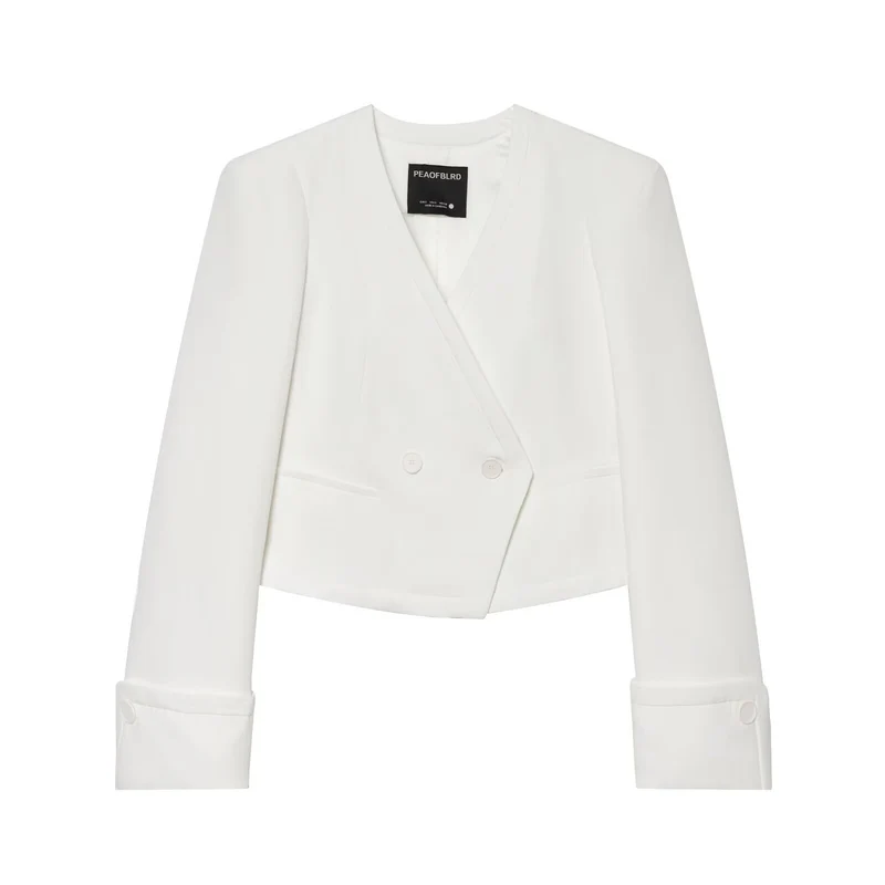 Damen gekürzter doppeltreihiger Blazer mit V‑Ausschnitt und Umschlagärmeln Nord Taschen