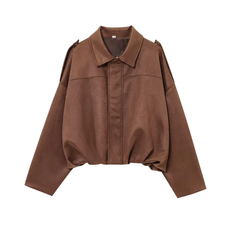 Damen Gekürzte Wildlederoptik-Blousonjacke mit Taillen-Smock und Schulterpatten Nord Taschen