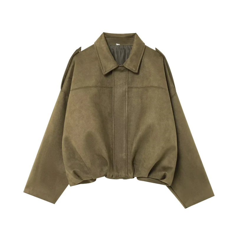 Damen Gekürzte Wildlederoptik-Blousonjacke mit Taillen-Smock und Schulterpatten Nord Taschen