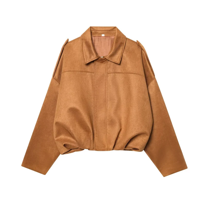 Damen Gekürzte Wildlederoptik-Blousonjacke mit Taillen-Smock und Schulterpatten Nord Taschen