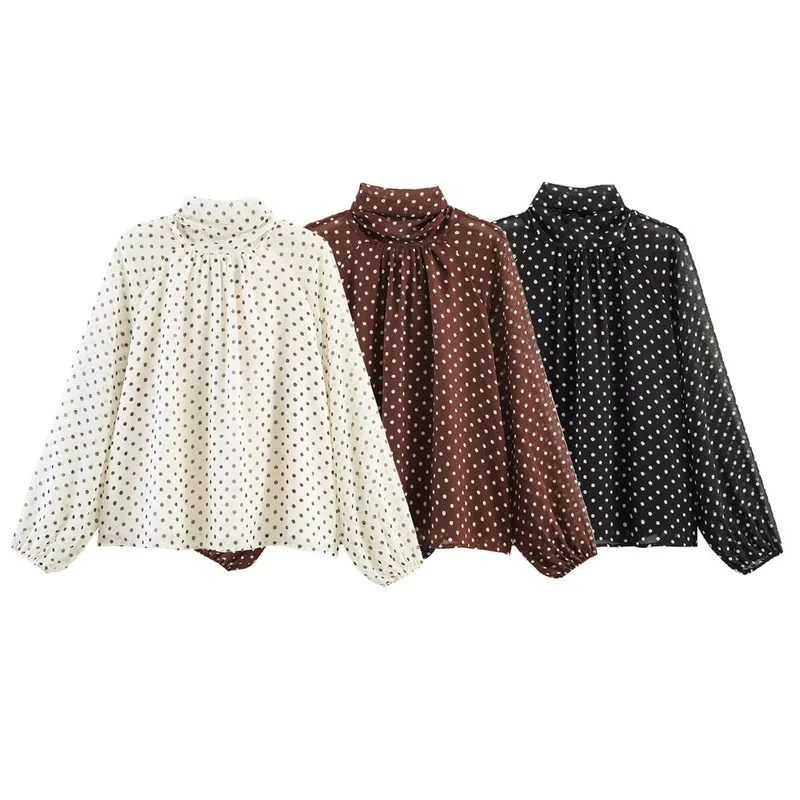 Damen Lockere Bluse mit hohem Stehkragen, Ballonärmeln und Polka-Dot-Print Nord Taschen