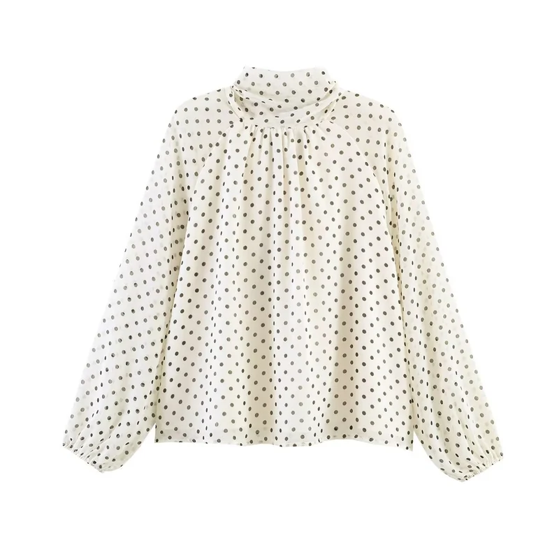 Damen Lockere Bluse mit hohem Stehkragen, Ballonärmeln und Polka-Dot-Print Nord Taschen