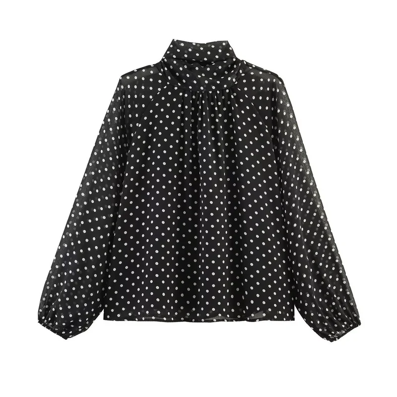 Damen Lockere Bluse mit hohem Stehkragen, Ballonärmeln und Polka-Dot-Print Nord Taschen