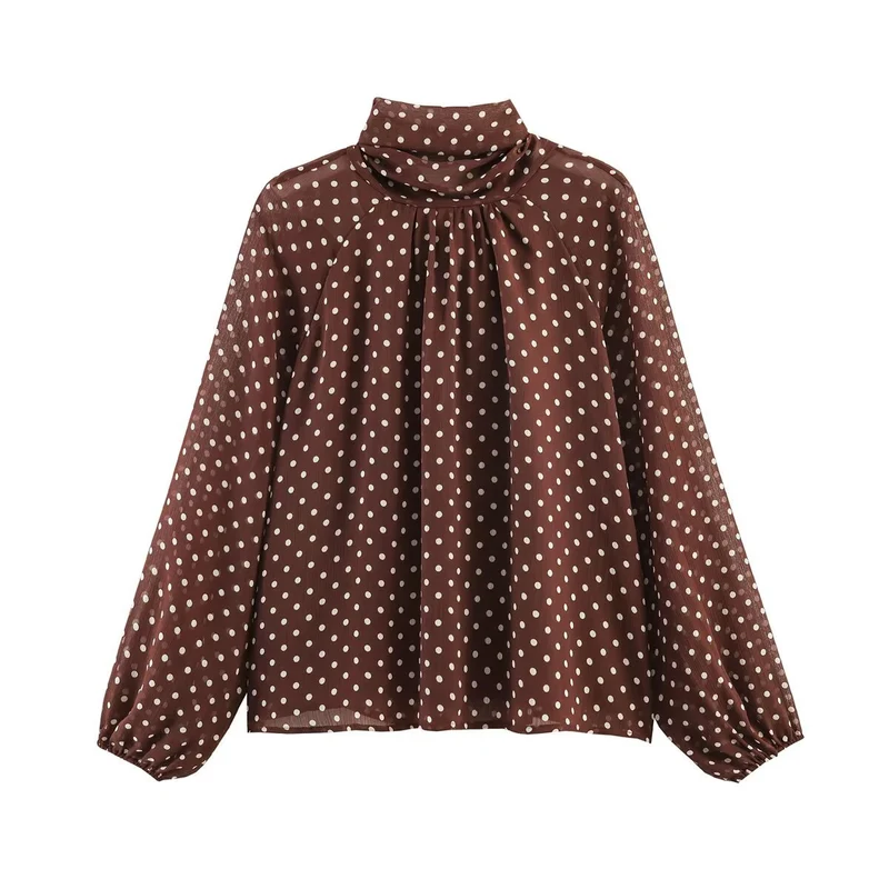 Damen Lockere Bluse mit hohem Stehkragen, Ballonärmeln und Polka-Dot-Print Nord Taschen
