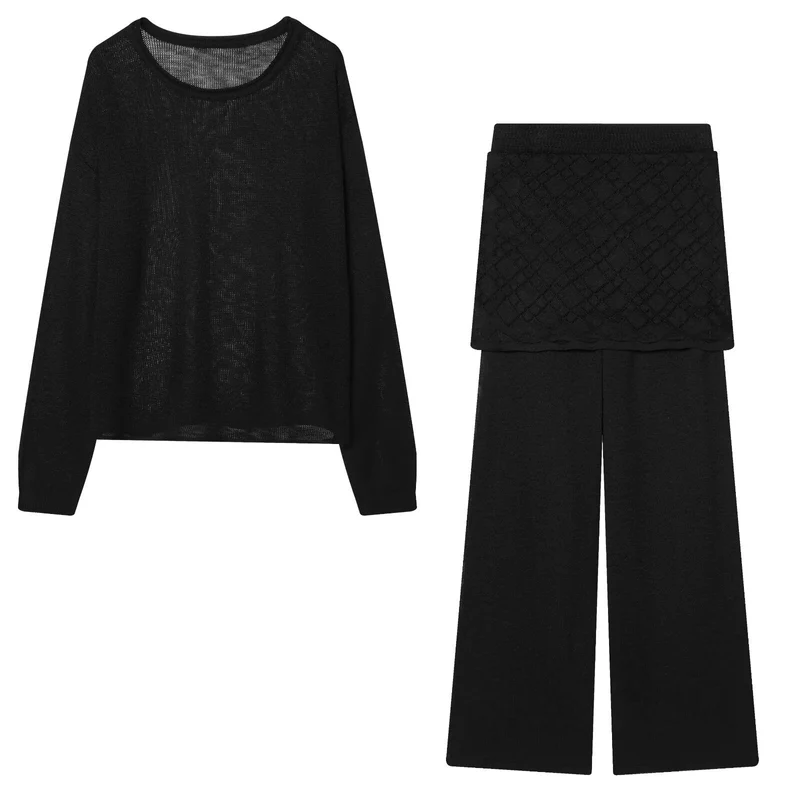 Damen Leichtes Feinstrick-Loungewear-Set mit Rundhalsausschnitt und weiter Palazzo-Hose Nord Taschen