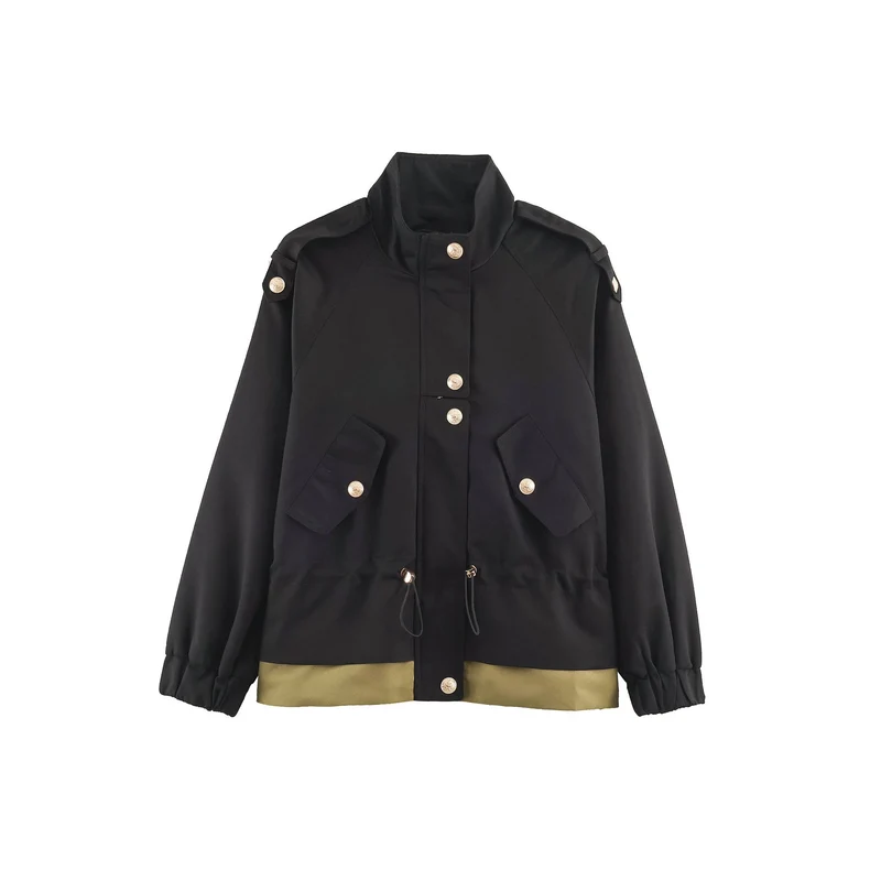 Damen leichte Utility-Jacke mit Tunnelzug-Taillenraffung, Stehkragen und Pattentaschen Nord Taschen