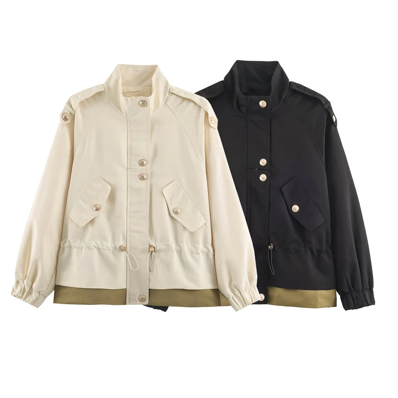 Damen leichte Utility-Jacke mit Tunnelzug-Taillenraffung, Stehkragen und Pattentaschen Nord Taschen