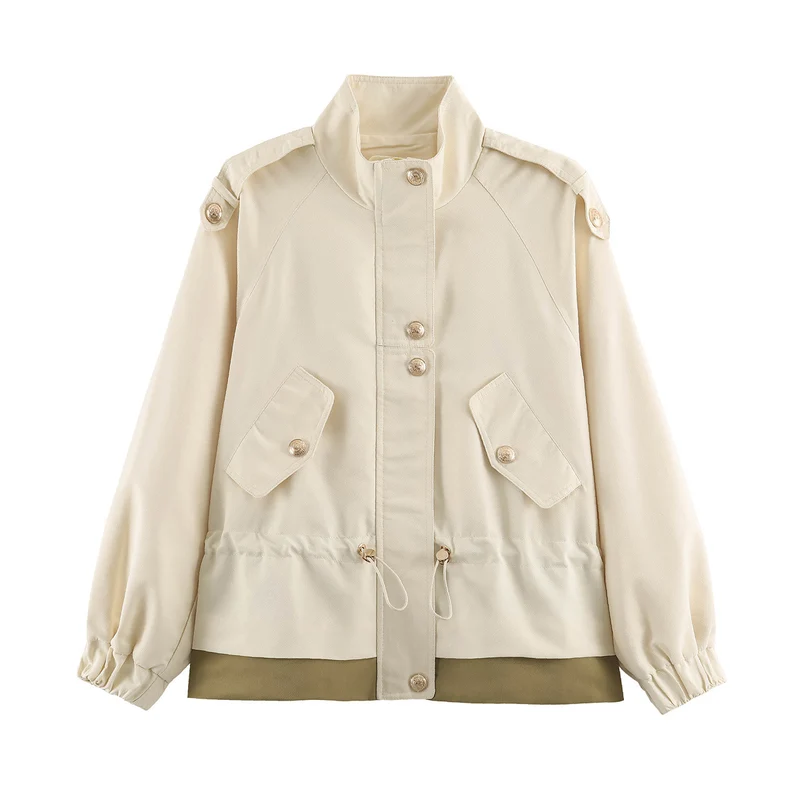 Damen leichte Utility-Jacke mit Tunnelzug-Taillenraffung, Stehkragen und Pattentaschen Nord Taschen