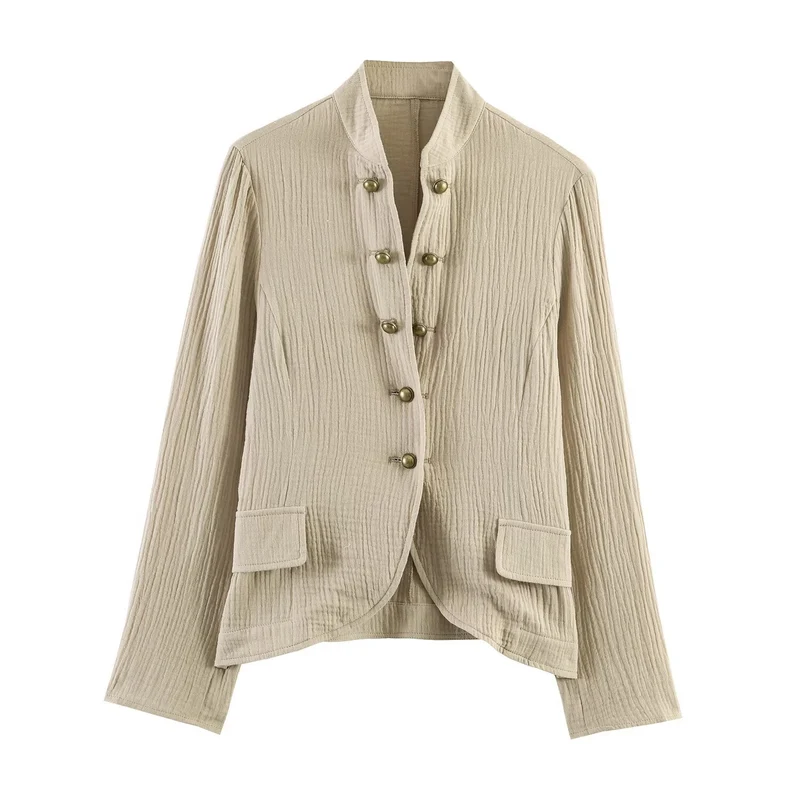 Damen leichte taillierte Baumwollblazer-Jacke mit Stehkragen und Zierknopfleiste Nord Taschen