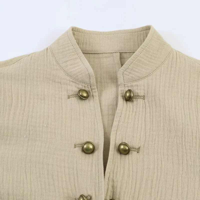 Damen leichte taillierte Baumwollblazer-Jacke mit Stehkragen und Zierknopfleiste Nord Taschen