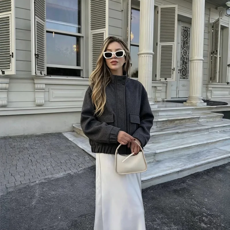 Damen Wollmix-Blousonjacke mit Stehkragen, großen Klappentaschen und elastischem Saum Nord Taschen