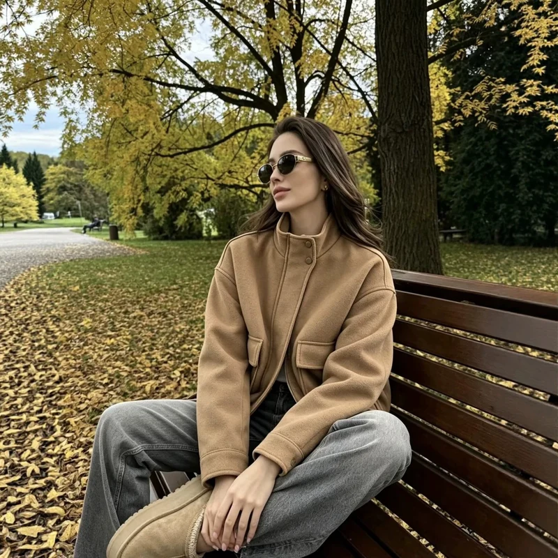 Damen Wollmix-Blousonjacke mit Stehkragen, großen Klappentaschen und elastischem Saum Nord Taschen