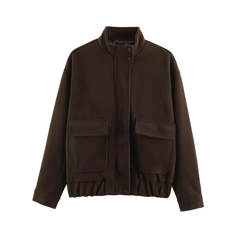 Damen Wollmix-Blousonjacke mit Stehkragen, großen Klappentaschen und elastischem Saum Nord Taschen