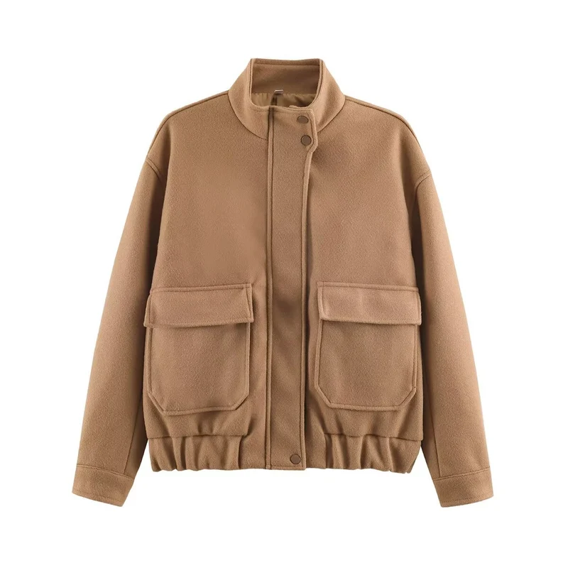 Damen Wollmix-Blousonjacke mit Stehkragen, großen Klappentaschen und elastischem Saum Nord Taschen