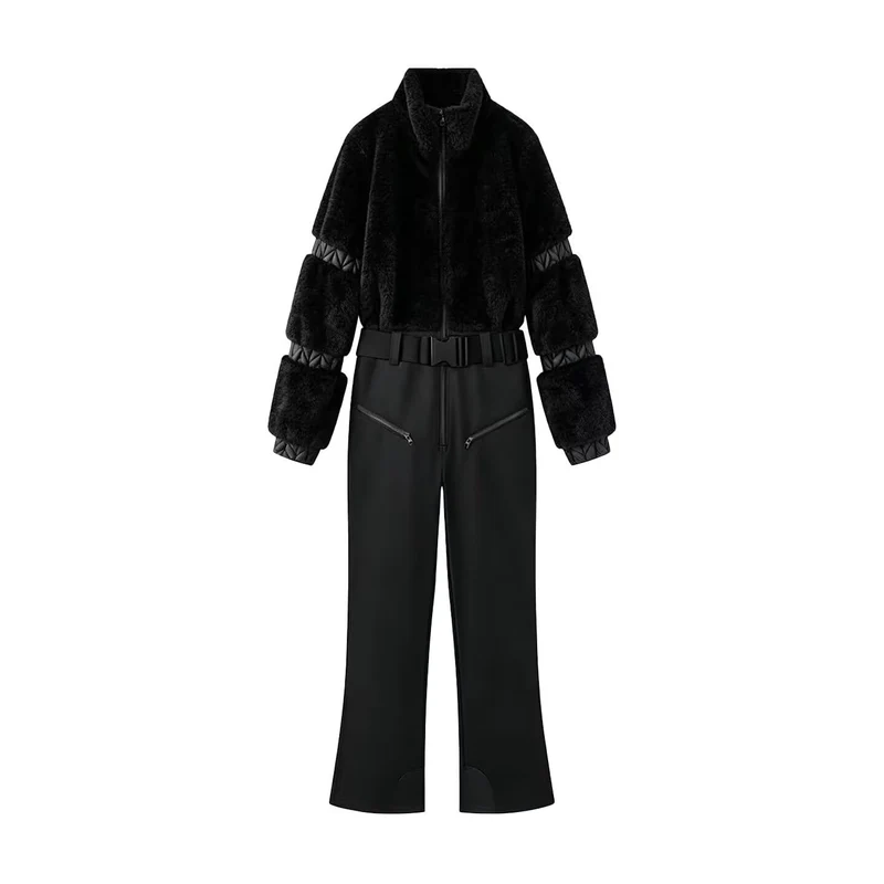 Damen Winterlicher Utility-Overall mit Teddyjacke, hohem Bund und Gurt Nord Taschen