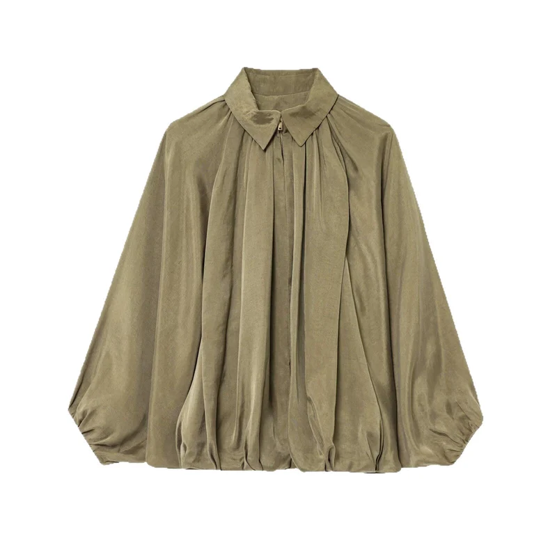Damen Weite plissierte Cape-Bluse mit Stehkragen und verdecktem Reißverschluss Nord Taschen