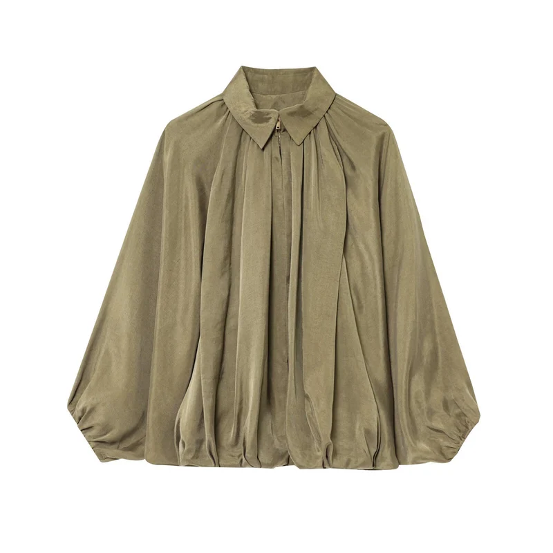 Damen Weite plissierte Cape-Bluse mit Stehkragen und verdecktem Reißverschluss Nord Taschen