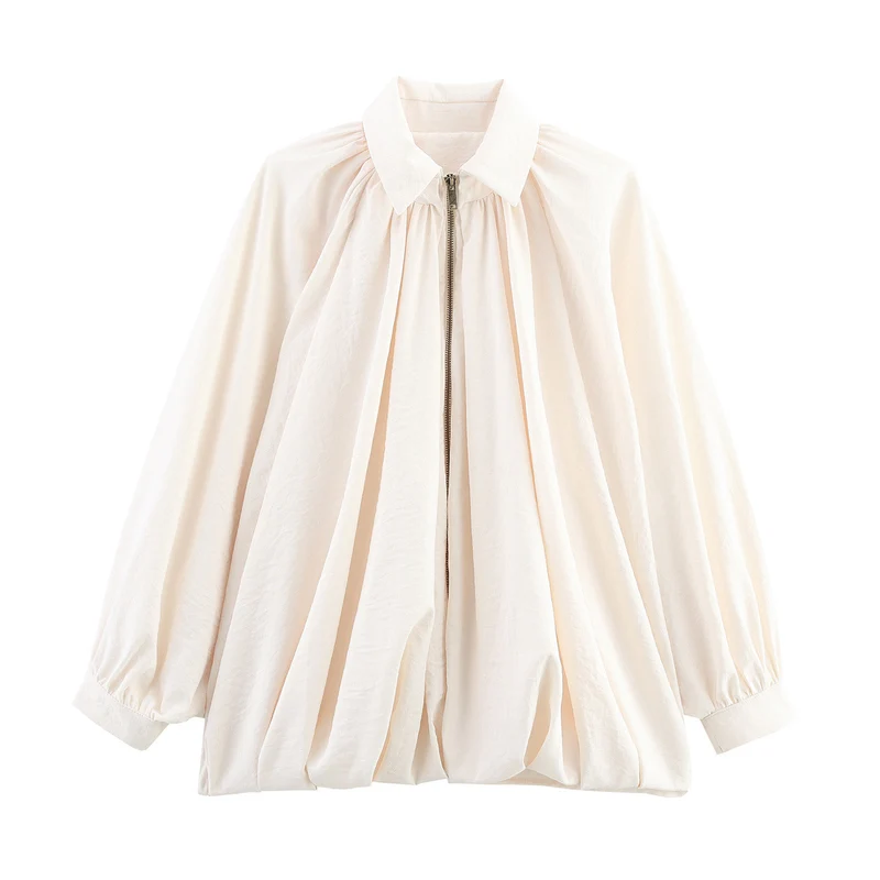 Damen Weite plissierte Cape-Bluse mit Stehkragen und verdecktem Reißverschluss Nord Taschen