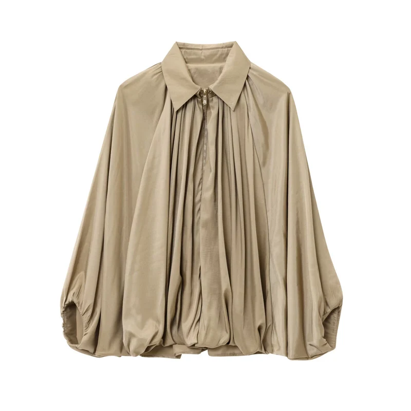 Damen Weite plissierte Cape-Bluse mit Stehkragen und verdecktem Reißverschluss Nord Taschen
