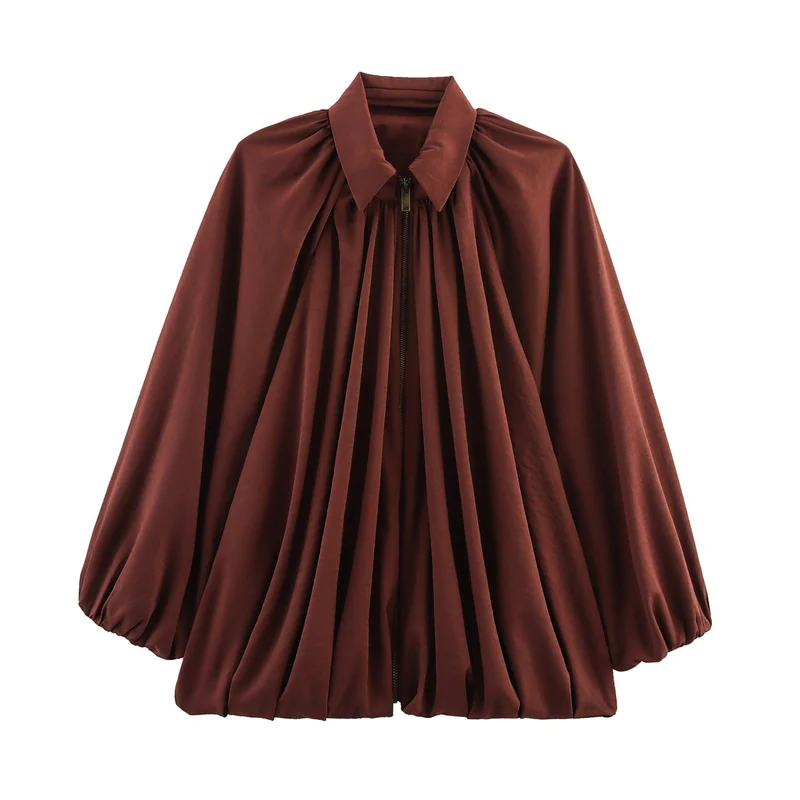 Damen Weite plissierte Cape-Bluse mit Stehkragen und verdecktem Reißverschluss Nord Taschen