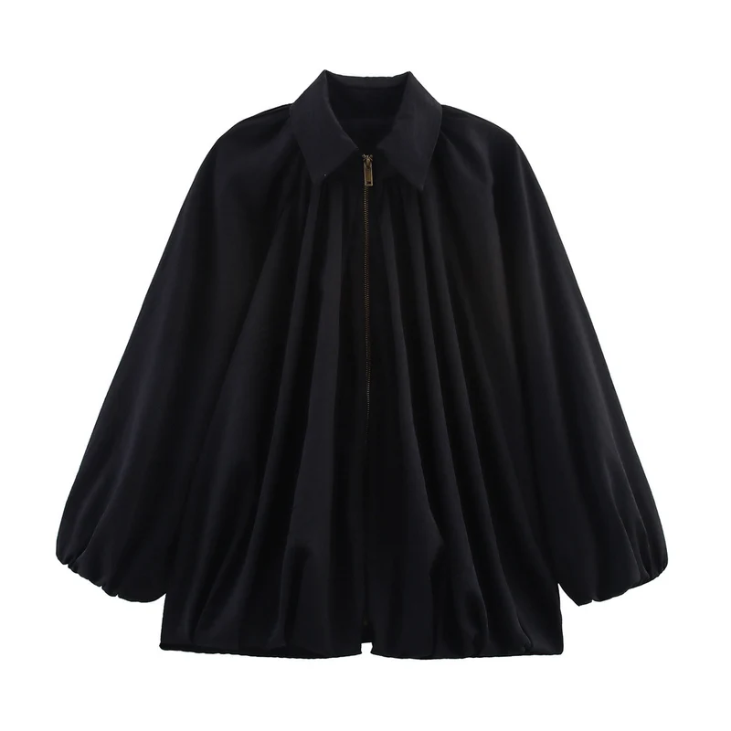 Damen Weite plissierte Cape-Bluse mit Stehkragen und verdecktem Reißverschluss Nord Taschen