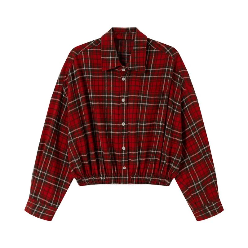Damen Kurz geschnittene Oversize-Hemdjacke im Karo‑Flanell mit Gummizugsaum Nord Taschen