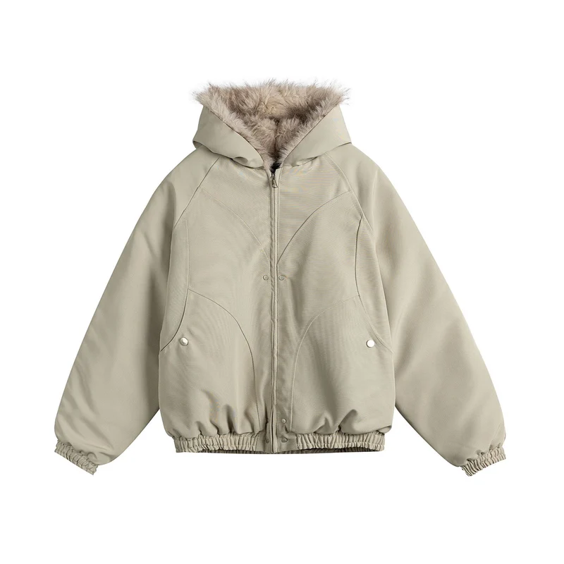 Damen Kurz geschnittene Camouflage-Übergangsjacke mit Kunstfellkapuze und elastischem Saum Nord Taschen