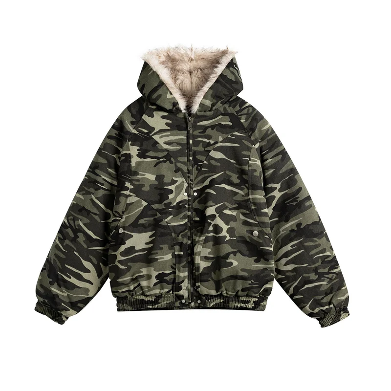 Damen Kurz geschnittene Camouflage-Übergangsjacke mit Kunstfellkapuze und elastischem Saum Nord Taschen