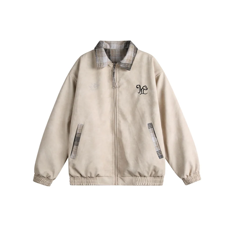 Damen Kurz geschnittene Boxy‑Jacke aus Wildleder‑Optik mit kariertem Kragen und elastischem Saum Nord Taschen