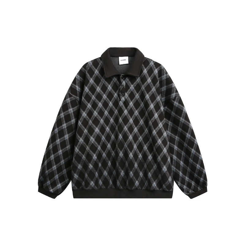 Damen Karierter Oversize‑Polo‑Pullover mit Halbknopfleiste und Rippbündchen Nord Taschen